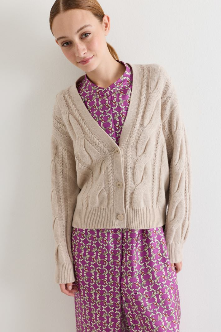 Cable-knit cropped cardigan - BEIGE - Intrend - 3