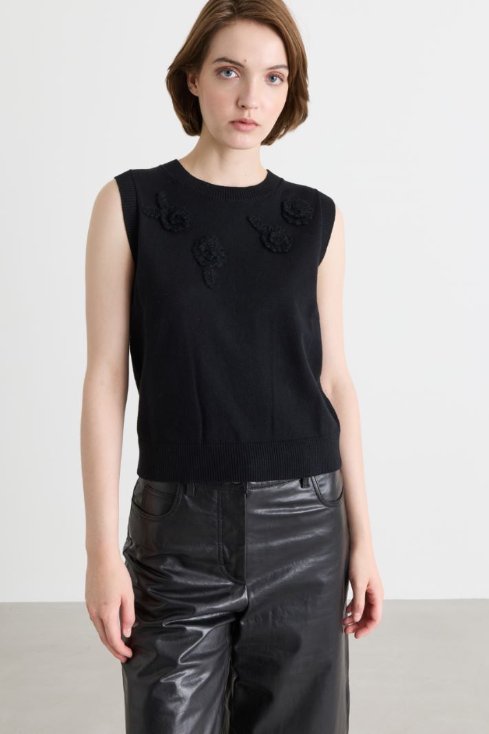 Flower-appliqué gilet - BLACK - Intrend - 2