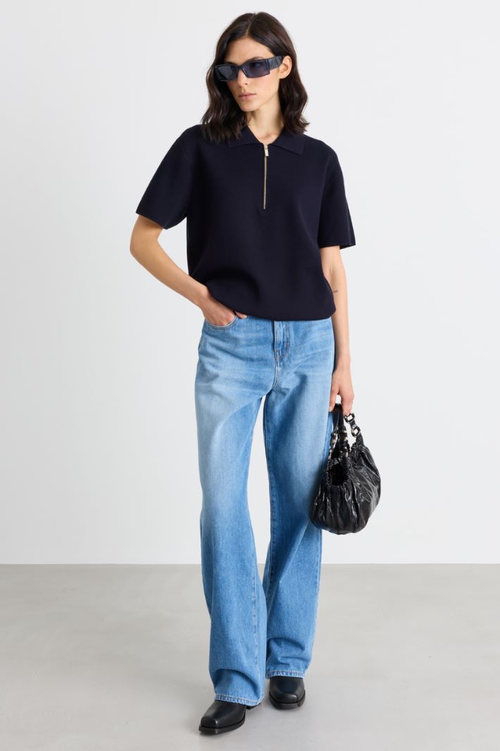 Zip-Neck Polo Shirt - BLACK - Intrend