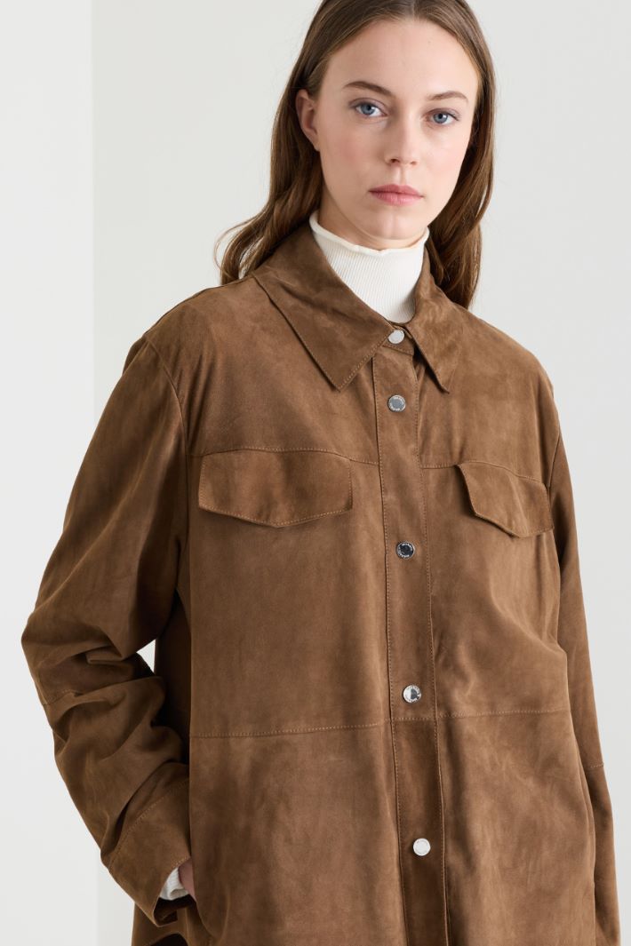 Seam-Detail Suede Shirt Jacket - BROWN - Intrend - 3