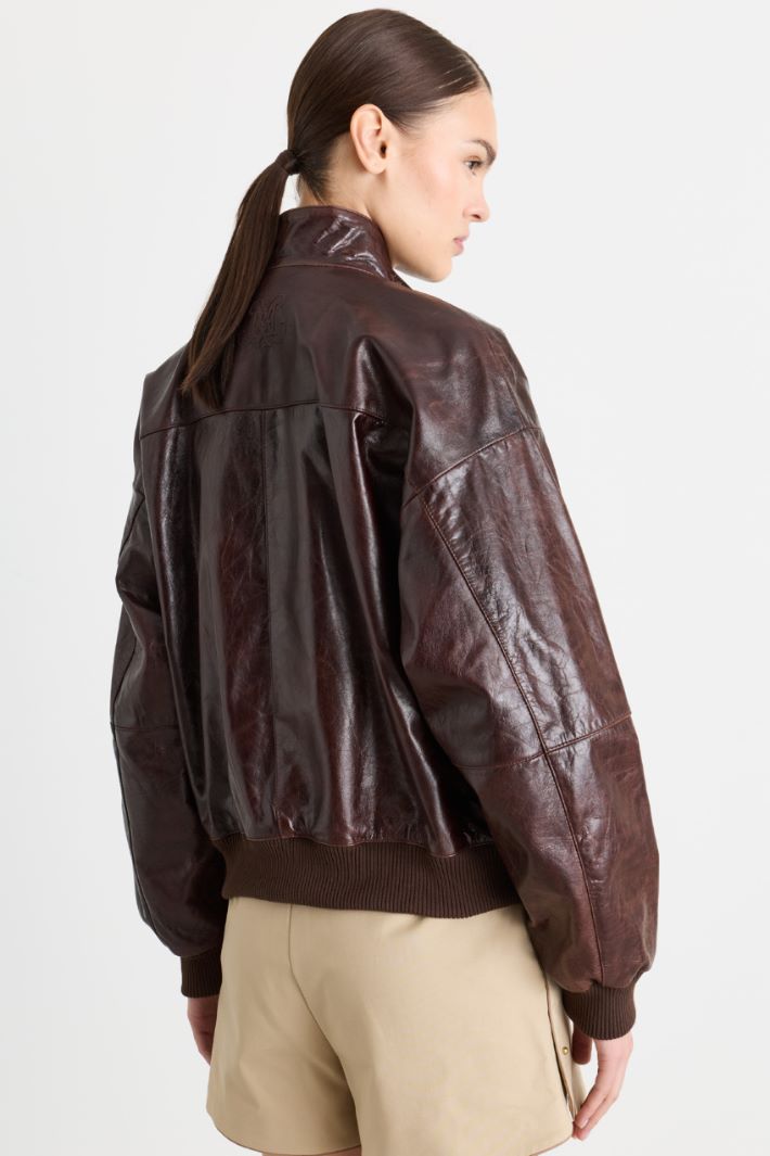Leather Bomber Jacket - BROWN - Intrend - 4