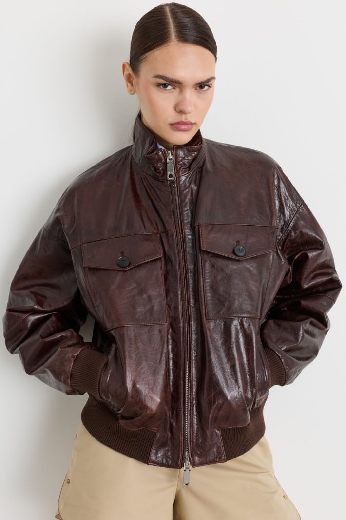 Leather Bomber Jacket - BROWN - Intrend - 2