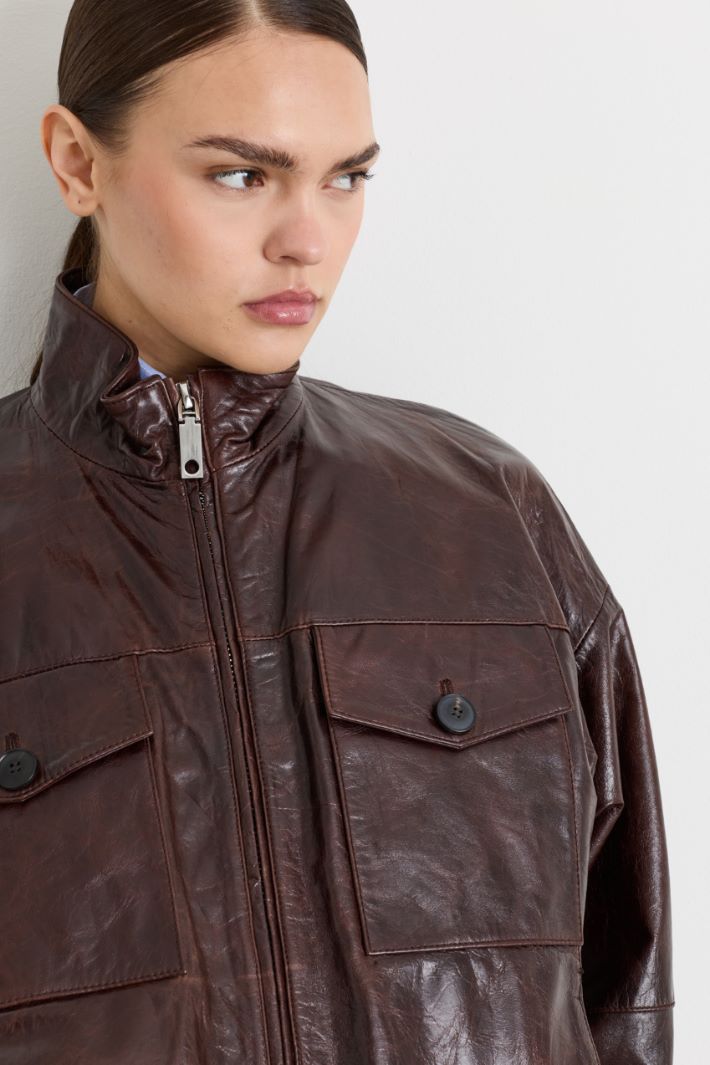 Leather Bomber Jacket - BROWN - Intrend - 3