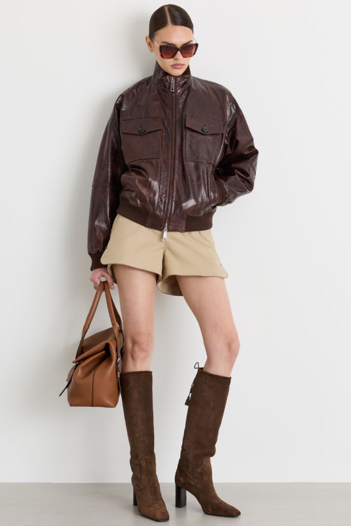 Leather Bomber Jacket - BROWN - Intrend