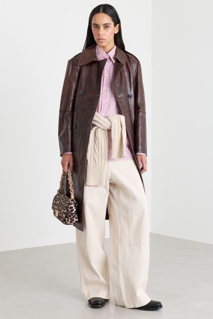 Glossy Belted Trench Coat - BROWN - Intrend