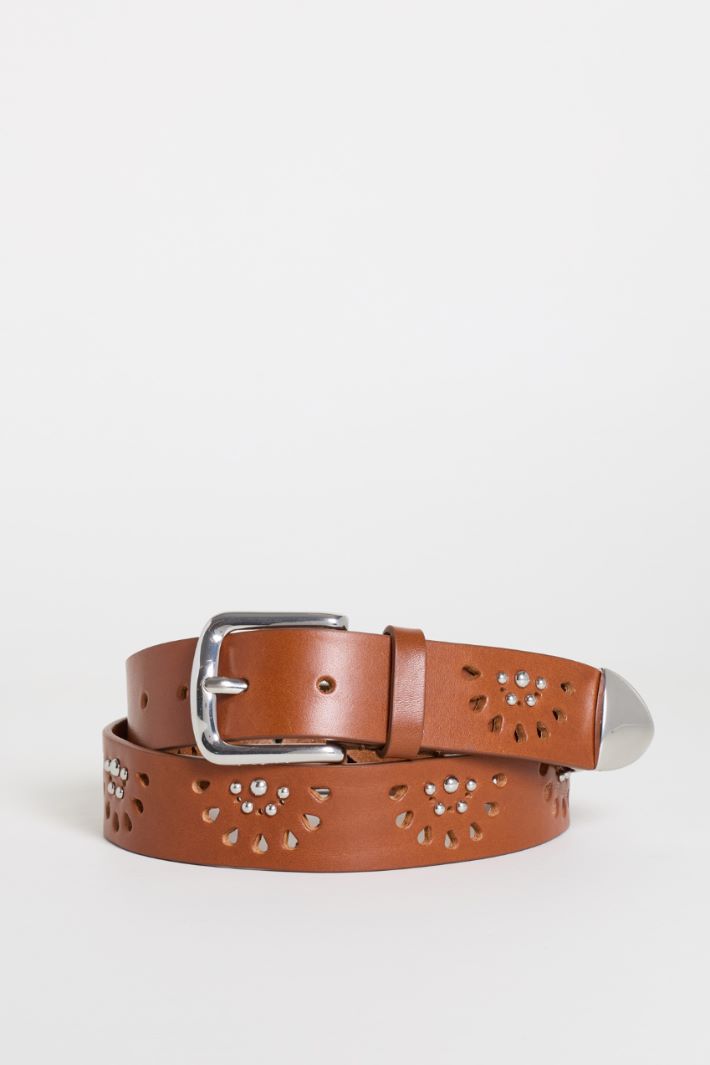 Leather belt with studs - BROWN - Intrend