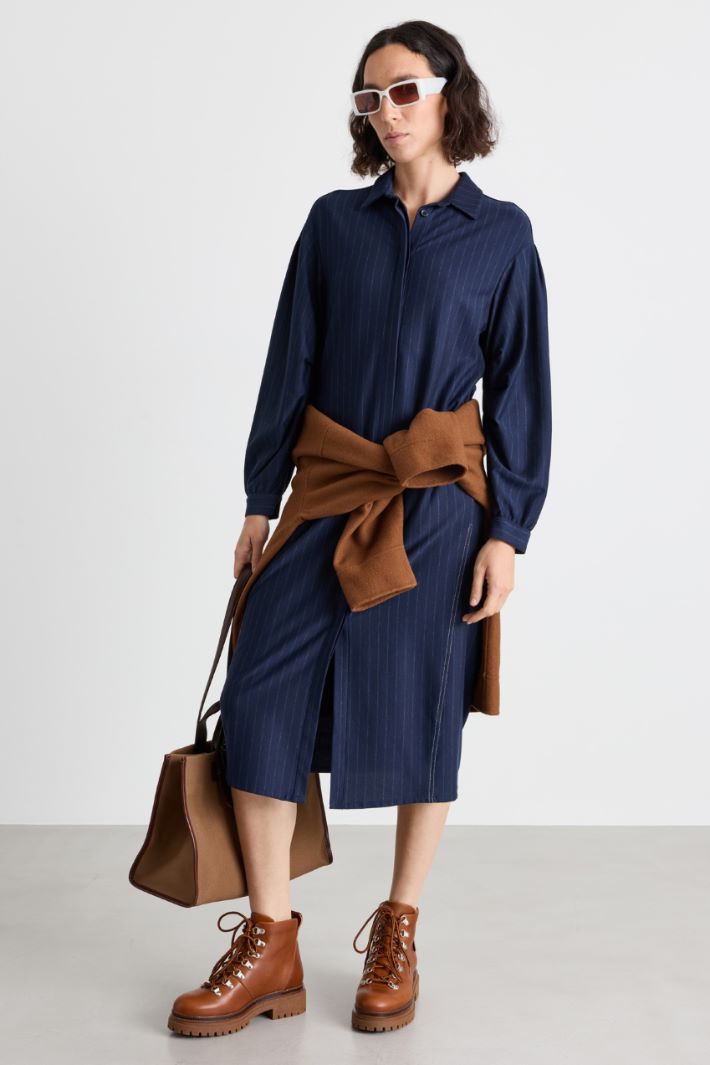 Jersey shirt dress with tucked sleeves - BLUE - Intrend
