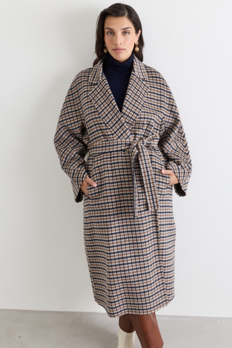 Cappotto in double di lana con fantasia check