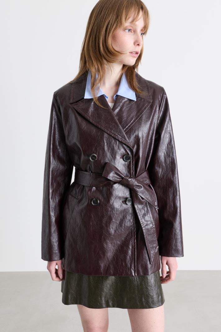 Coated Fabric Double-Breasted Trench Coat - BORDEAUX - Intrend - 2