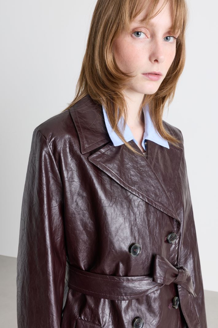 Coated Fabric Double-Breasted Trench Coat - BORDEAUX - Intrend - 3