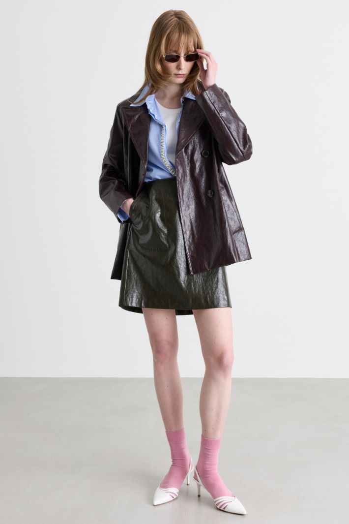 Coated Fabric Double-Breasted Trench Coat - BORDEAUX - Intrend