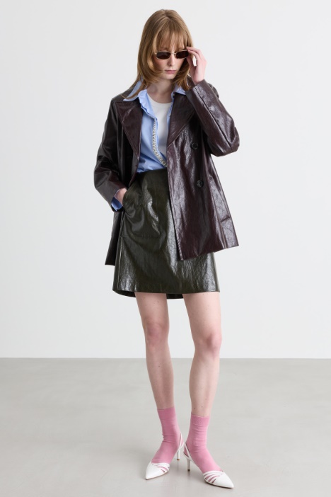 Coated Fabric Double-Breasted Trench Coat - Intrend