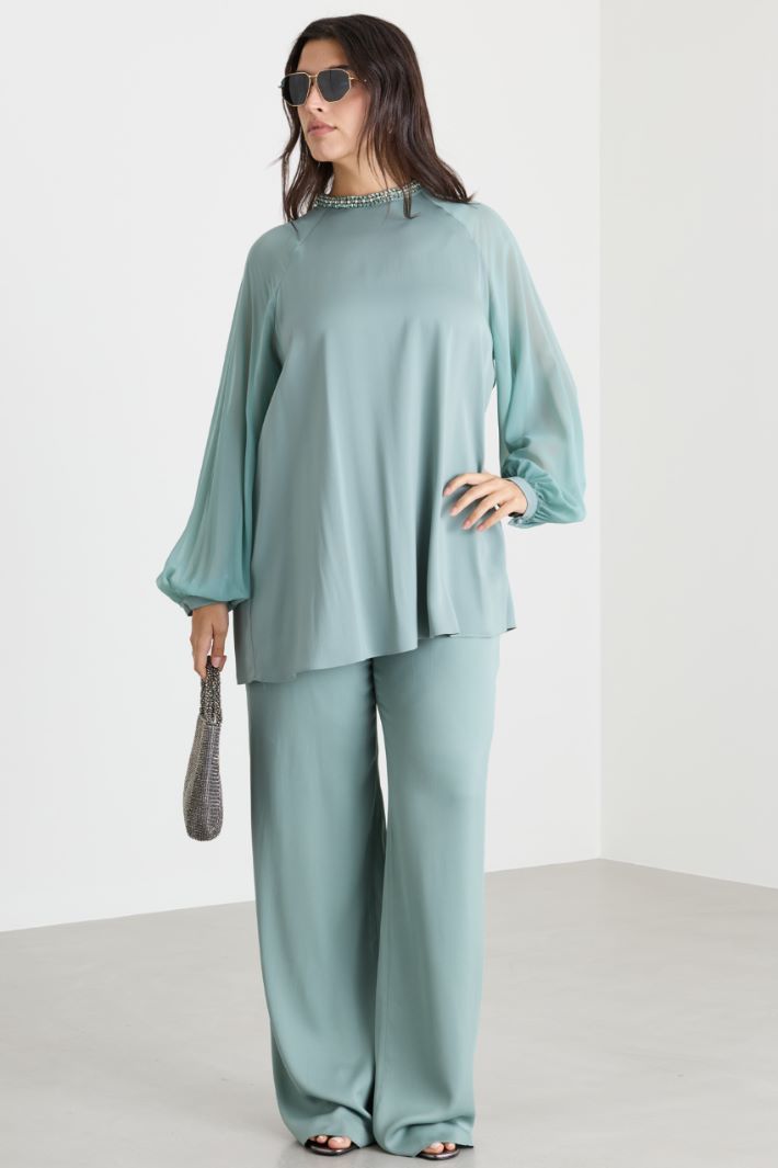 Blusa in cady e chiffon - VERDE - Intrend