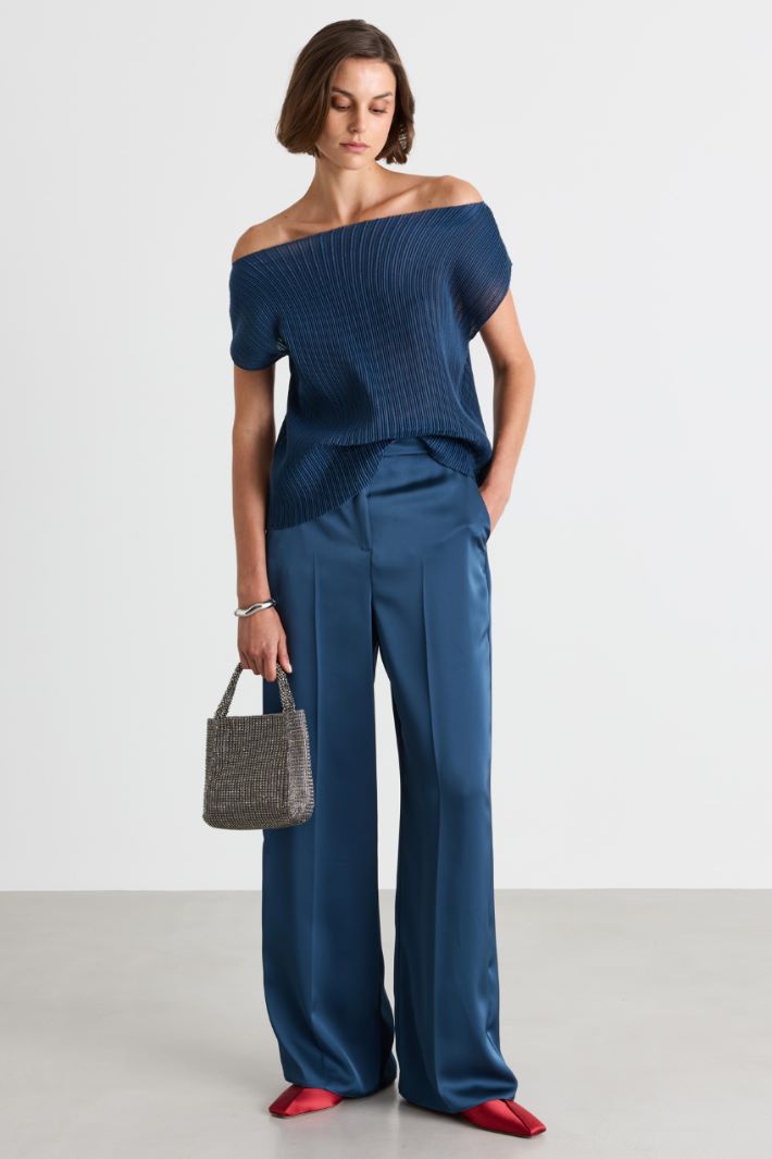 Wide-leg Satin Trousers - BLUE - Intrend