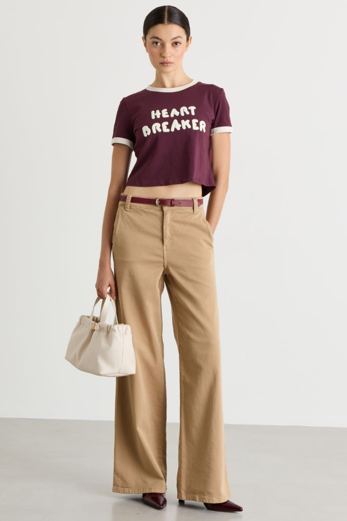 Wide-fit fleece-effect cotton satin trousers - CAMEL - Intrend