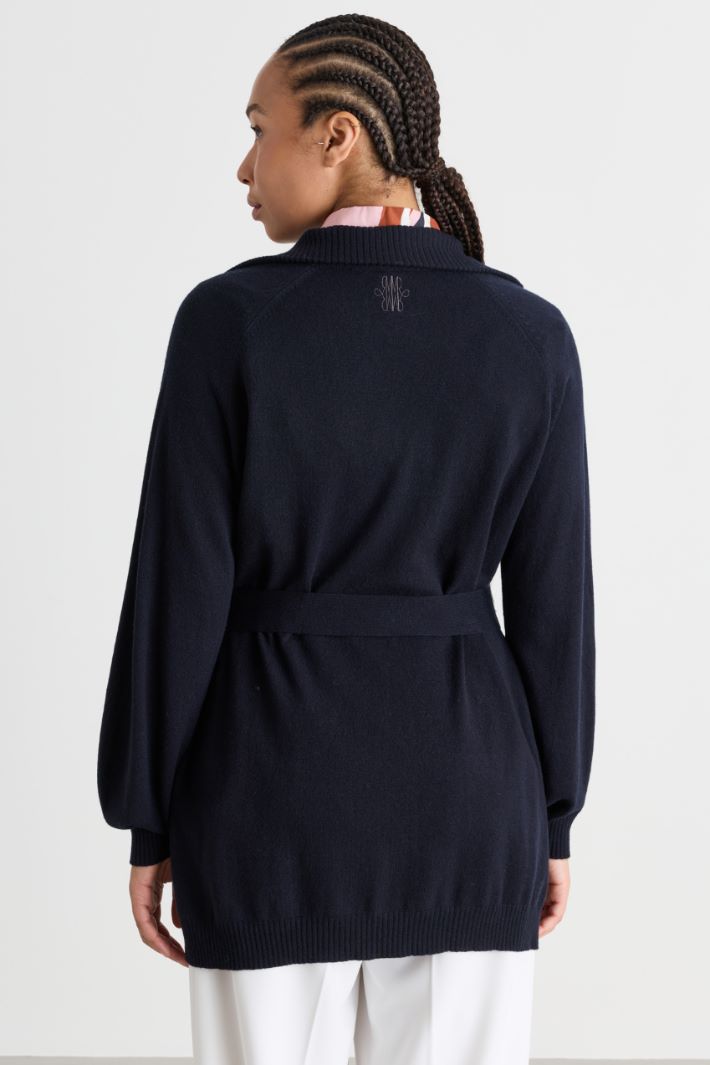 Belted puff-sleeve cardigan - BLUE - Intrend - 4
