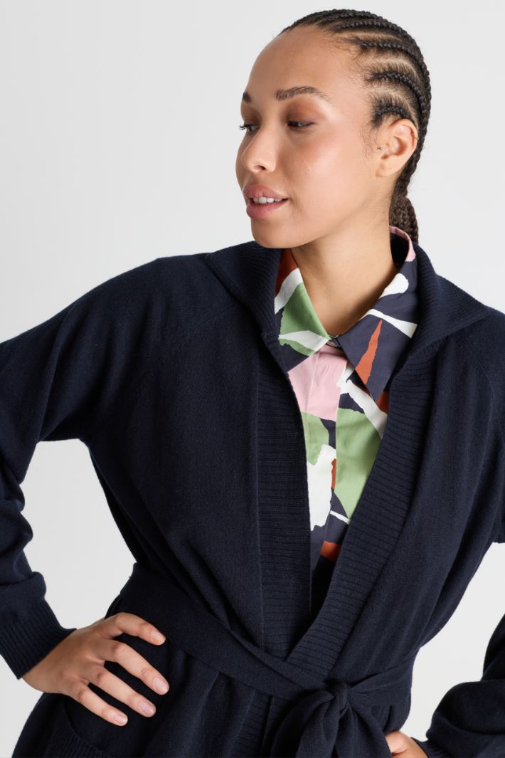 Belted puff-sleeve cardigan - BLUE - Intrend - 3