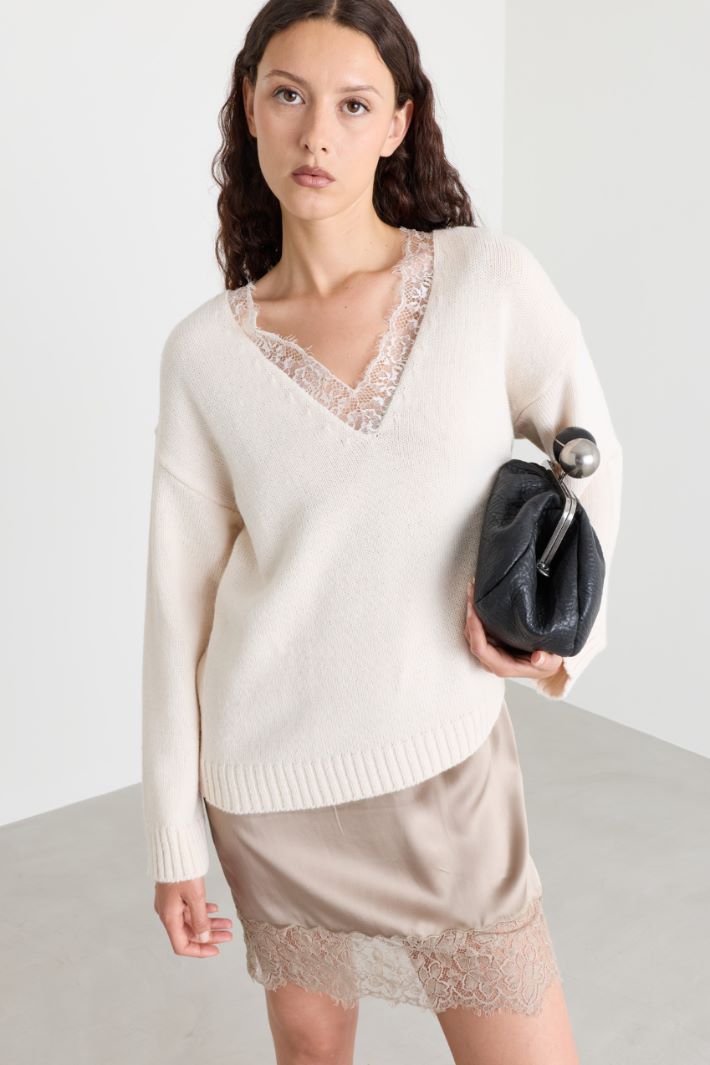 Lace-detail jumper - WHITE - Intrend - 2