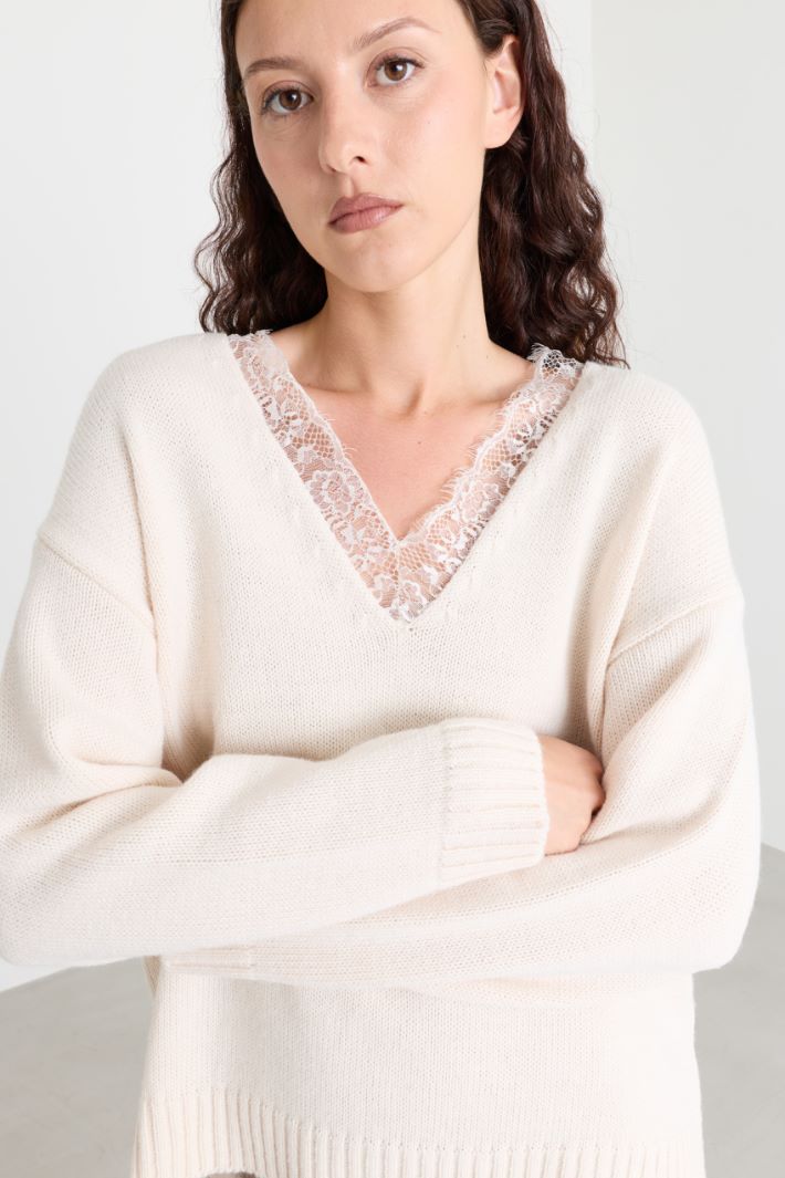 Lace-detail jumper - WHITE - Intrend - 3