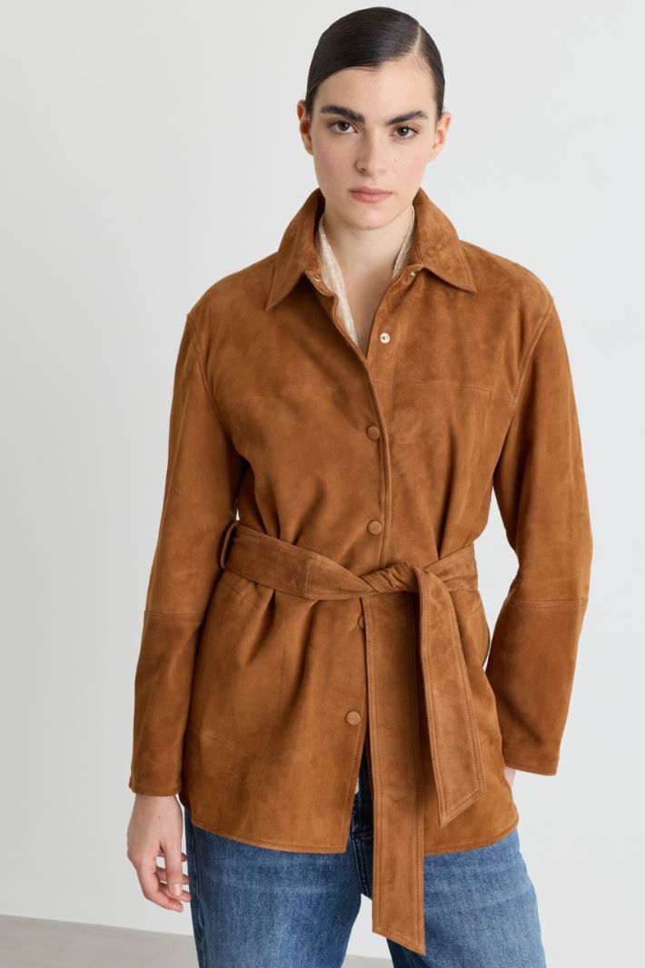 Belted suede shirt jacket - BROWN - Intrend - 2