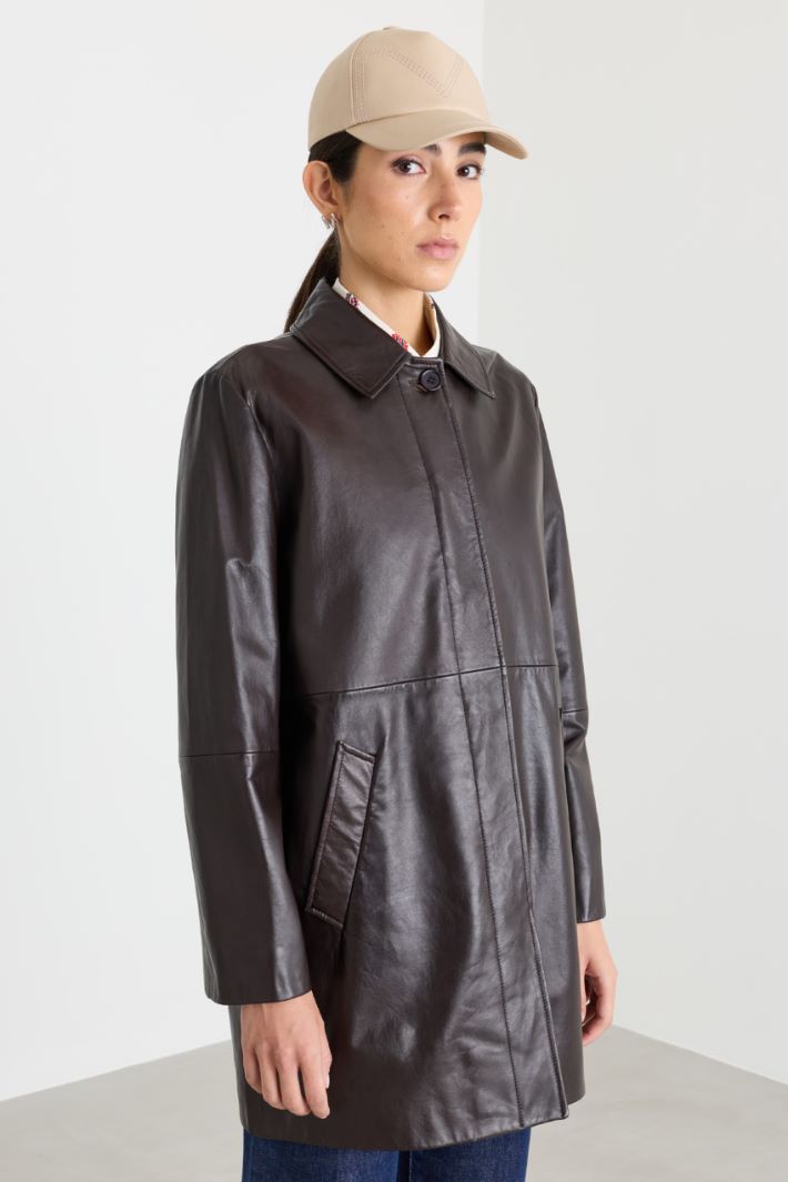 Concealed-button leather jacket - BROWN - Intrend - 2
