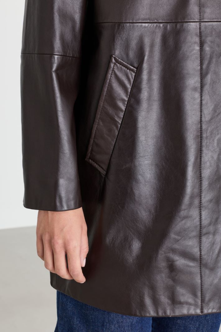 Concealed-button leather jacket - BROWN - Intrend - 3