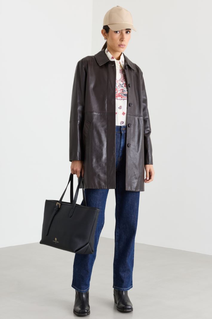 Concealed-button leather jacket - BROWN - Intrend