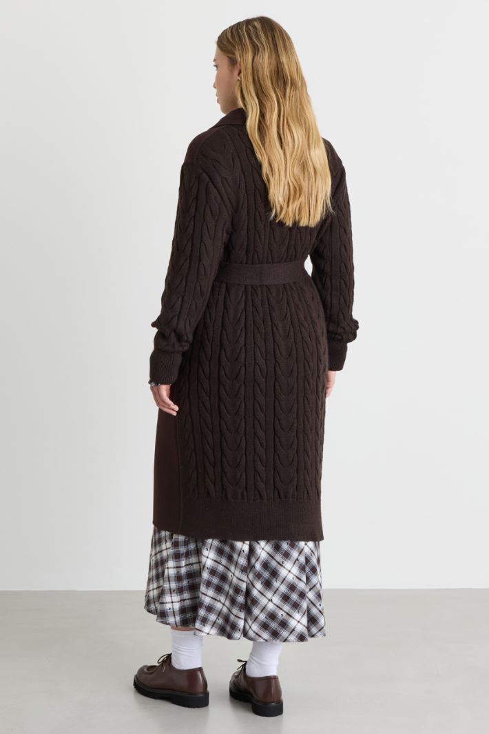Coat with Cable-Knit Sleeves - BROWN - Intrend - 4