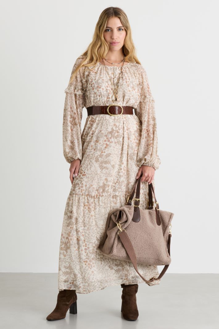 Flounced georgette dress - WHITE BEIGE - Intrend