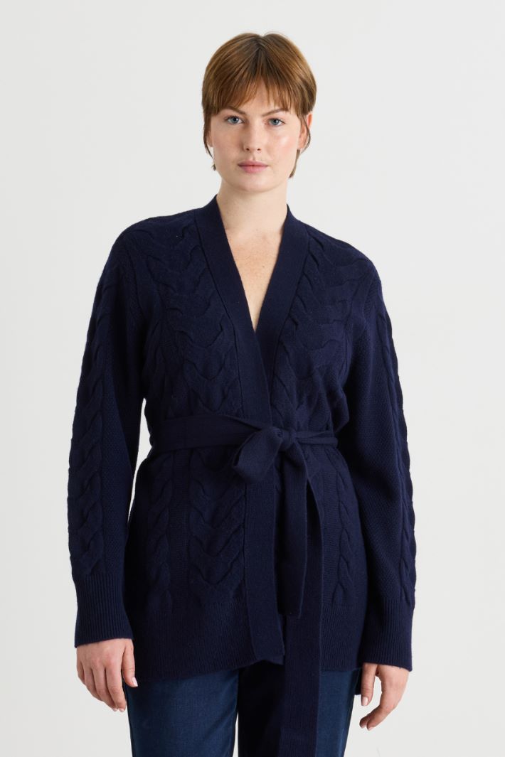 Cable-knit cardigan with side splits - BLUE - Intrend - 2