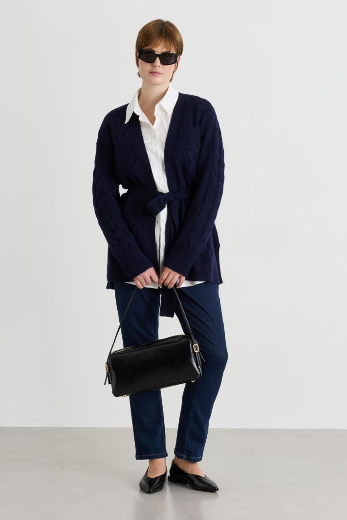 Cable-knit cardigan with side splits - BLUE - Intrend