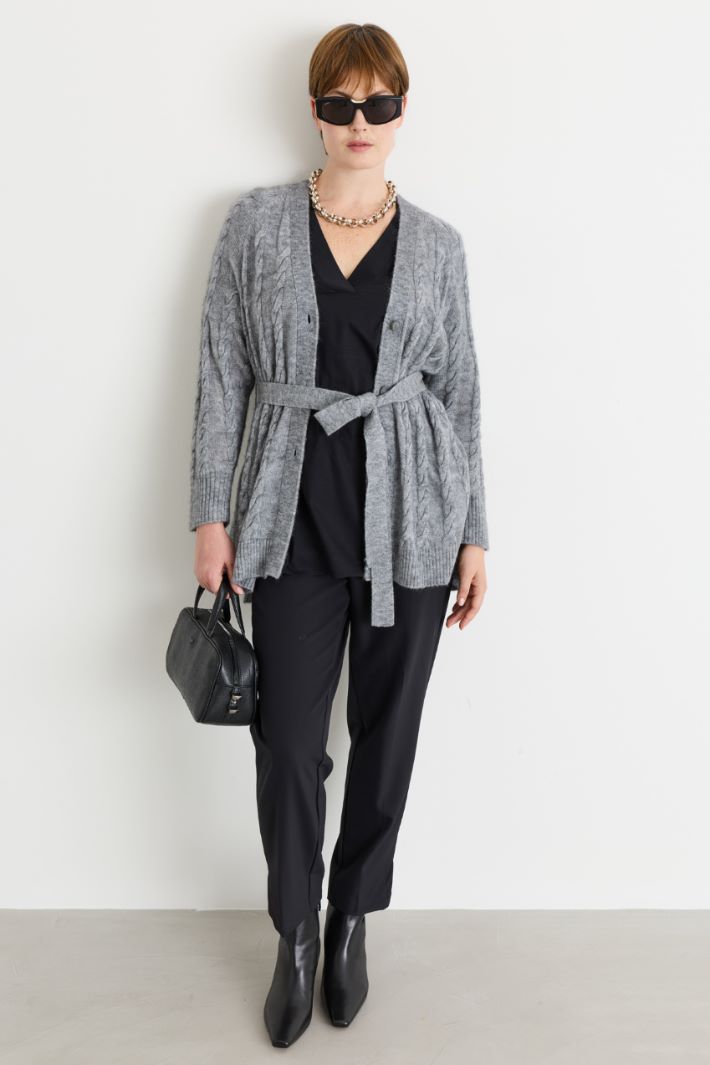 Cardigan a trecce con cintura - GRIGIO - Intrend
