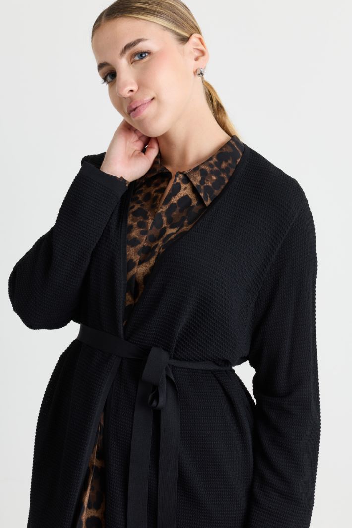 Cardigan jacquard con cintura - NERO - Intrend - 3