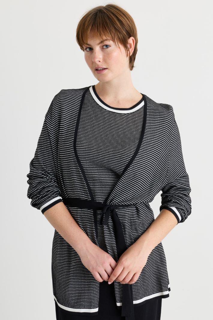 Cardigan jacquard ceinturé - NOIR BLANC - Intrend - 3