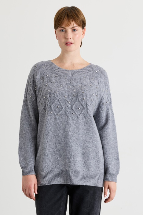 Textured-stitch jumper with rhinestones - Intrend