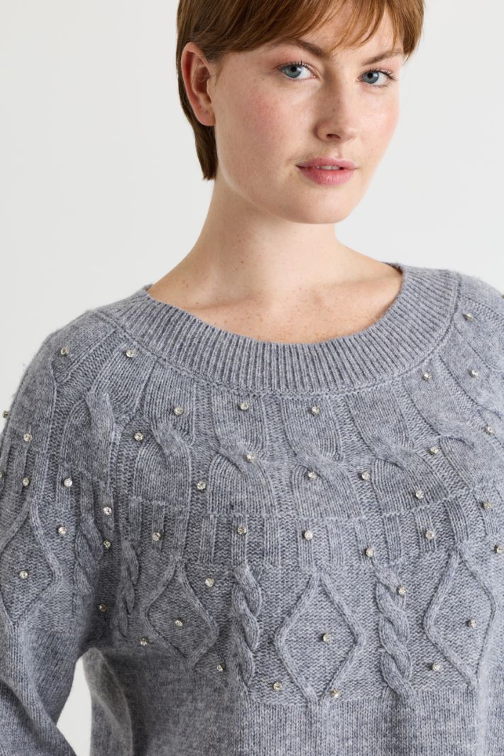 Textured-stitch jumper with rhinestones - GREY - Intrend - 3