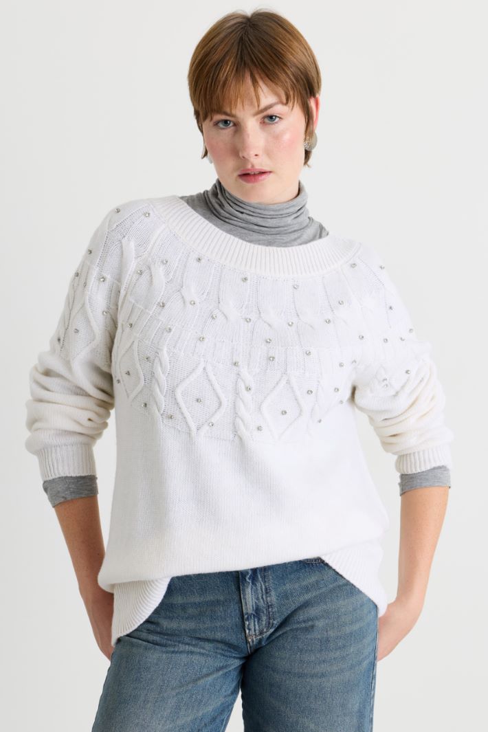 Textured-stitch jumper with rhinestones - WHITE - Intrend - 2