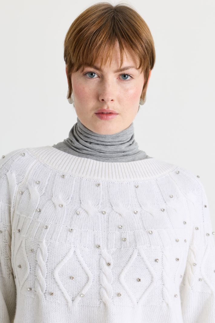 Textured-stitch jumper with rhinestones - WHITE - Intrend - 3