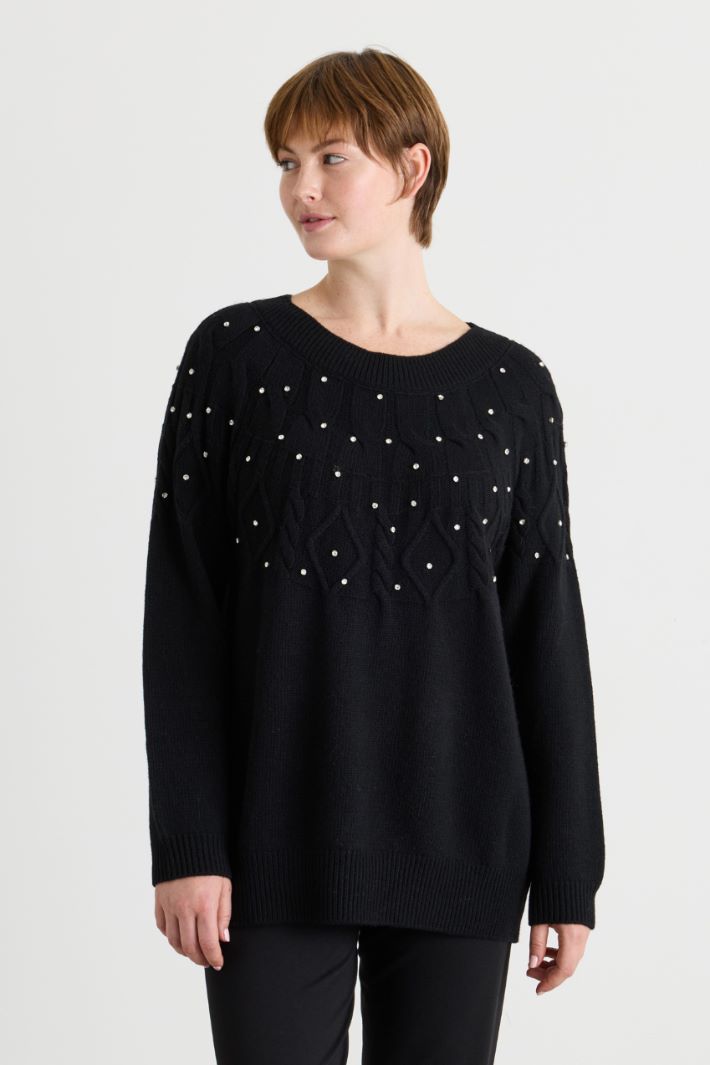 Textured-stitch jumper with rhinestones - BLACK - Intrend - 2