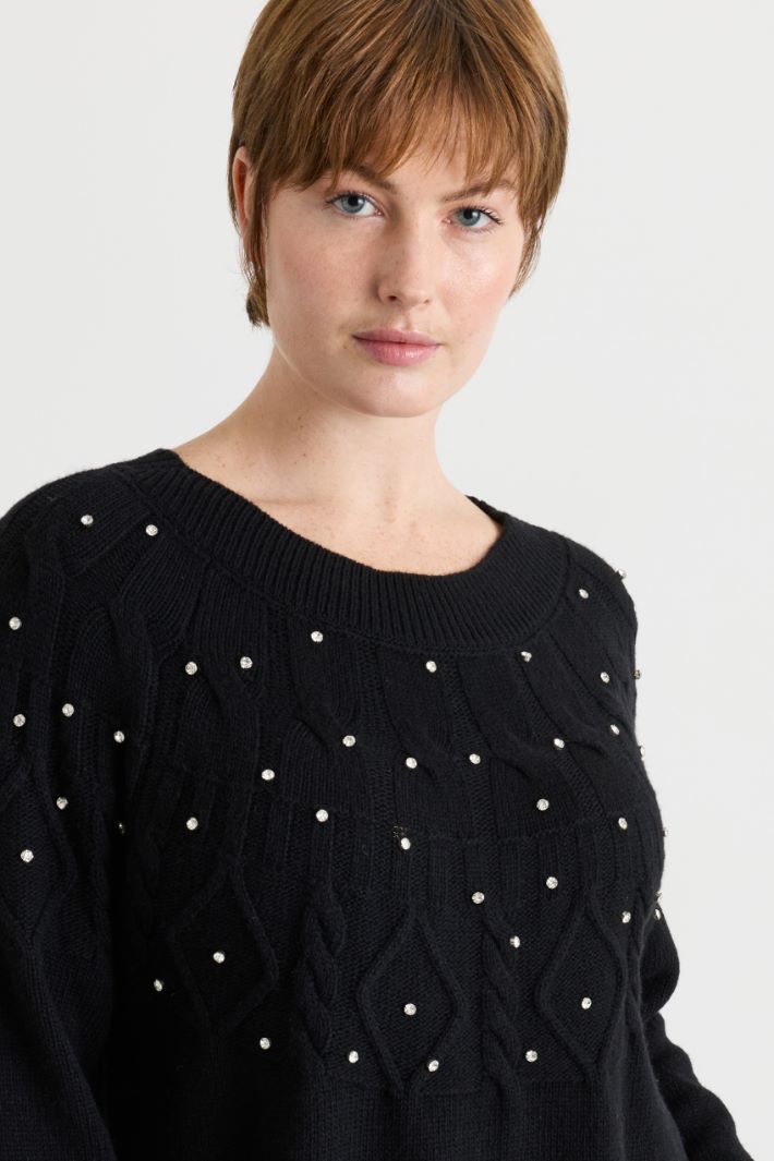 Textured-stitch jumper with rhinestones - BLACK - Intrend - 3