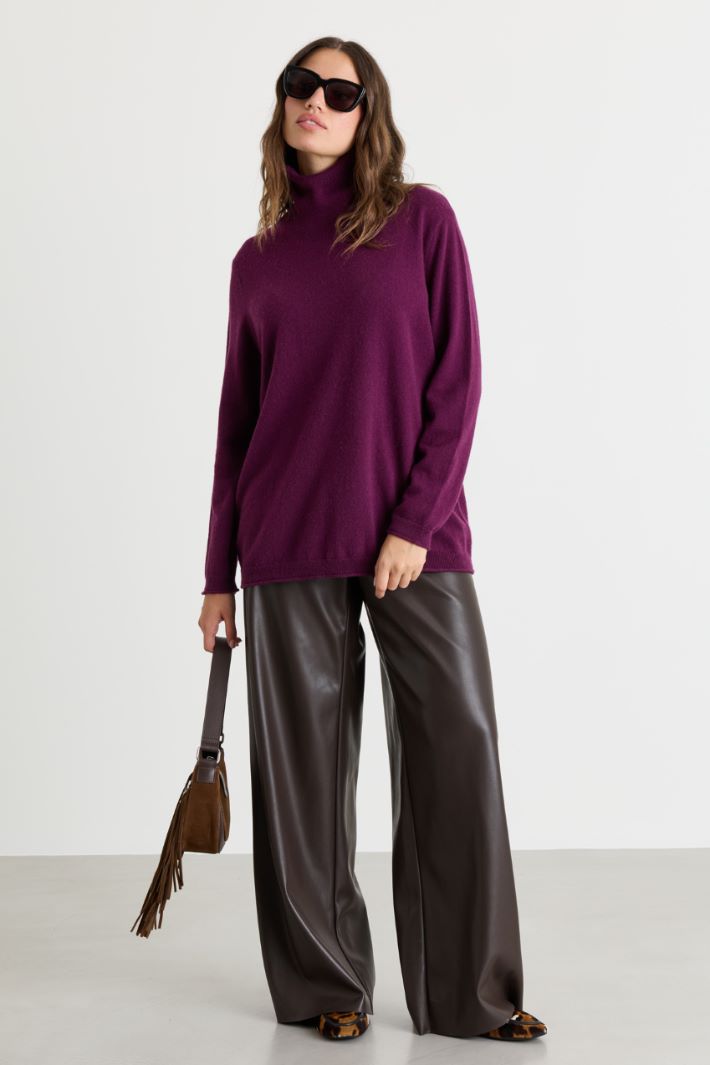 Cashmere roll-neck with ribbed trims - BORDEAUX - Intrend