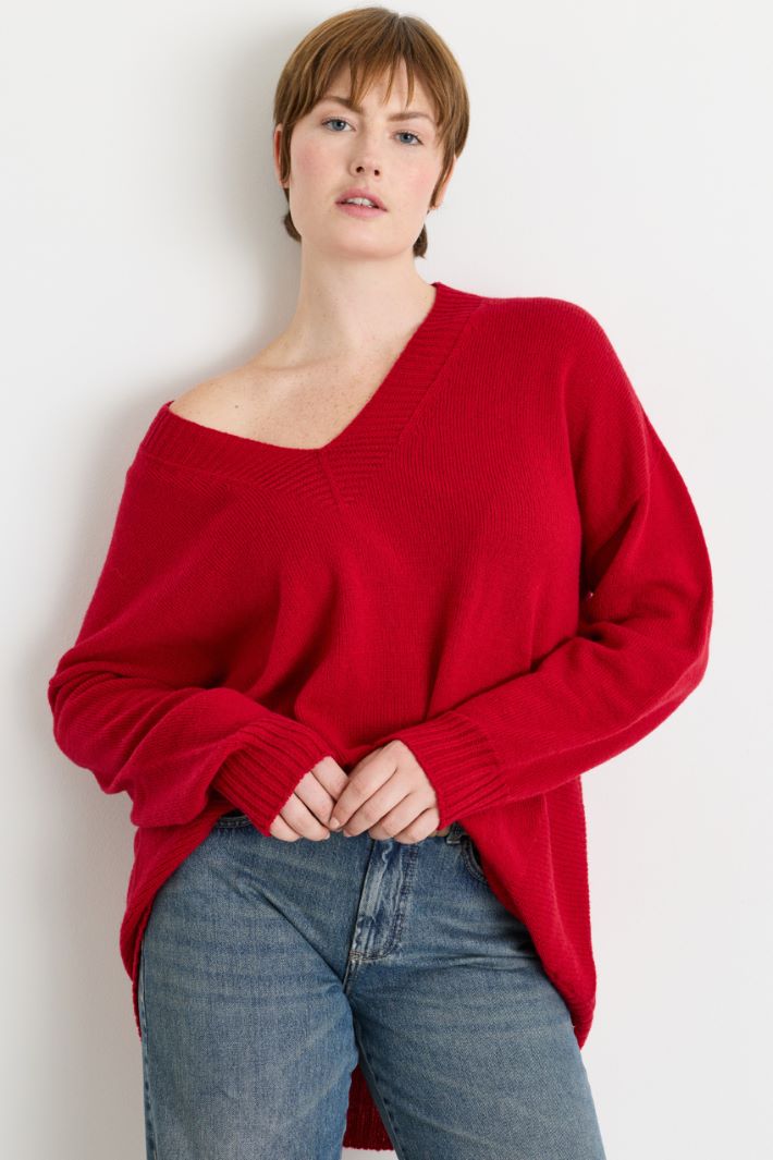 Loose-fit Rib-Trimmed Jumper - RED - Intrend - 2