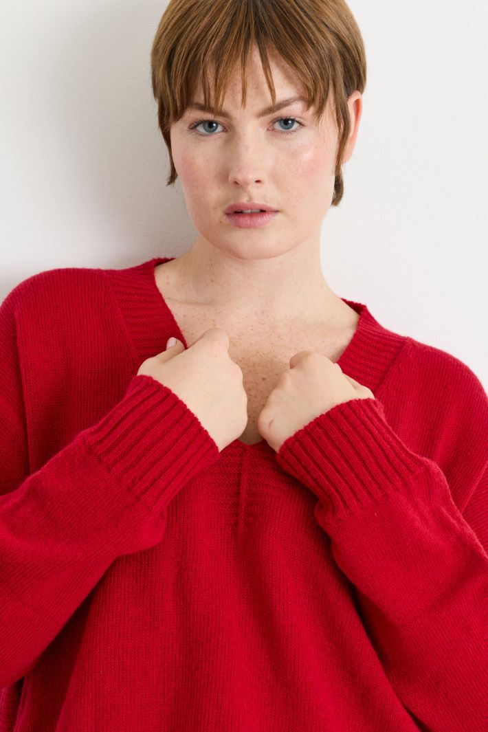 Loose-fit Rib-Trimmed Jumper - RED - Intrend - 3