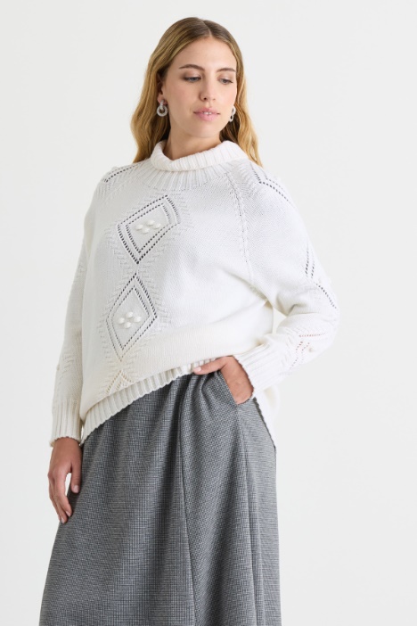 Textured and openwork-knit roll-neck jumper - Intrend