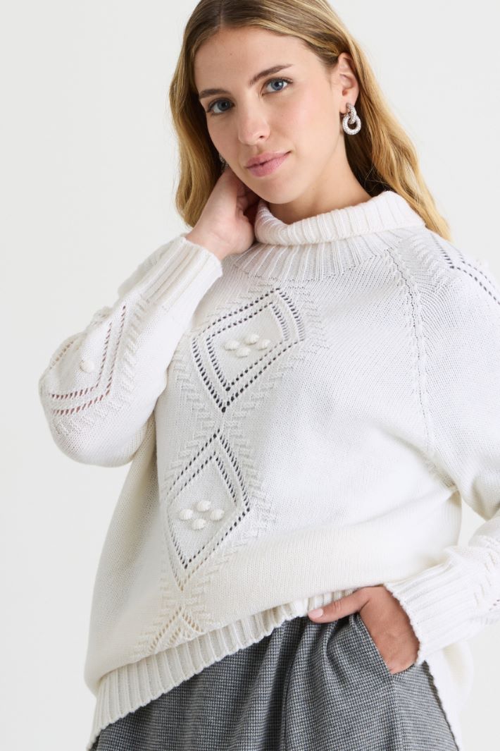 Textured and openwork-knit roll-neck jumper - WHITE - Intrend - 3