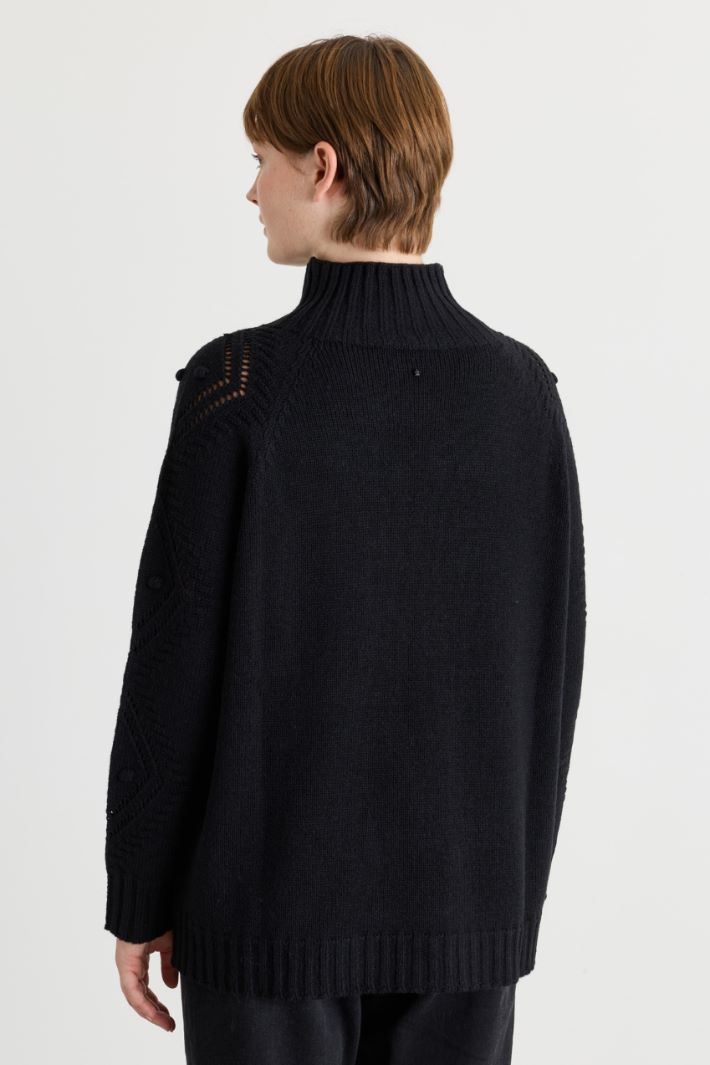 Textured and openwork-knit roll-neck jumper - BLACK - Intrend - 4
