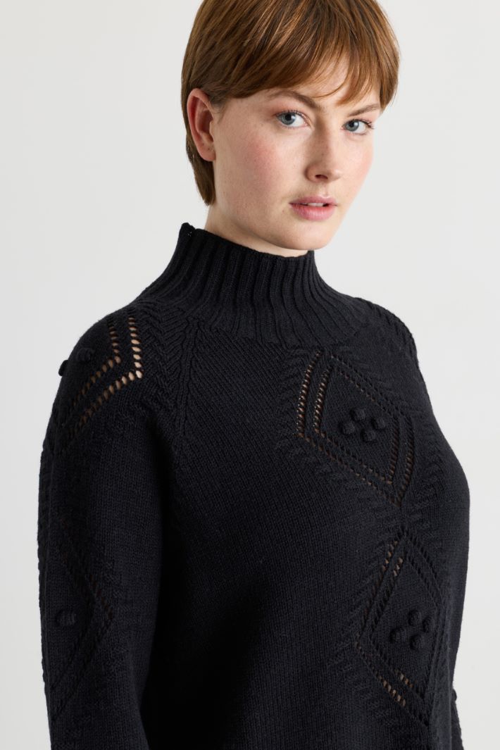 Textured and openwork-knit roll-neck jumper - BLACK - Intrend - 3