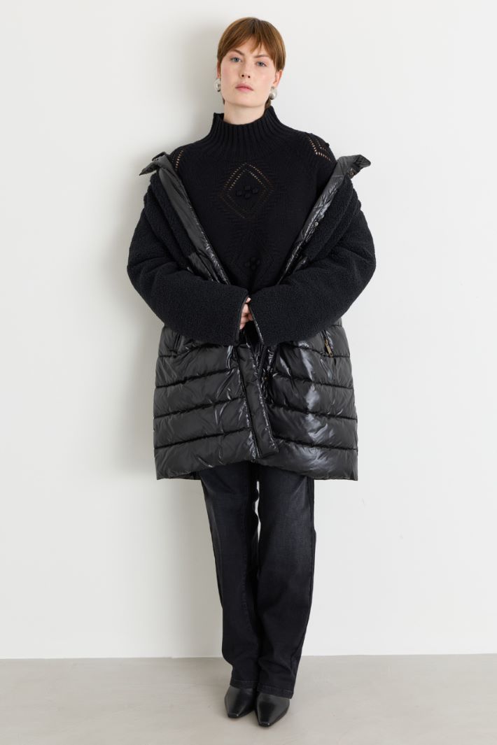 Long padded jacket in water-repellent canvas with inserts - BLACK - Intrend