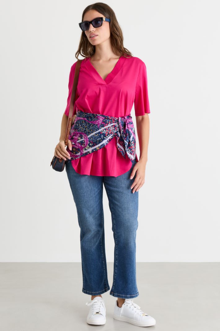 Rounded split-hem T-shirt - FUCHSIA - Intrend