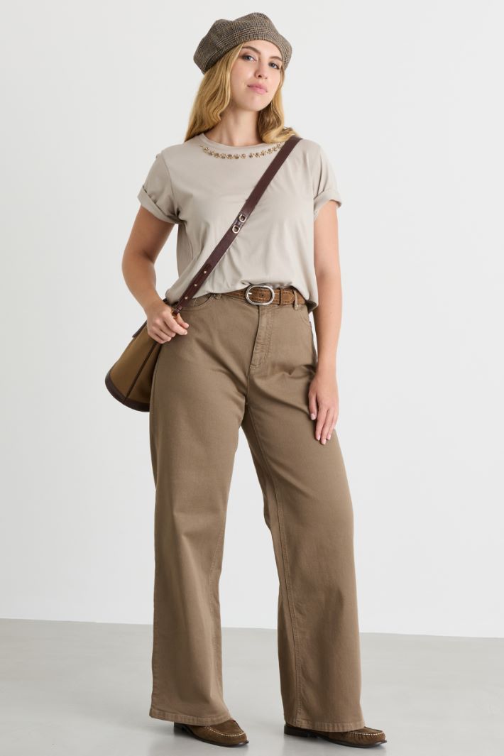 T-shirt in jersey con ricamo - BEIGE - Intrend